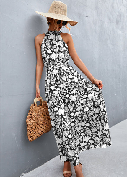 Printed Sleeveless Tie Waist Maxi Dress