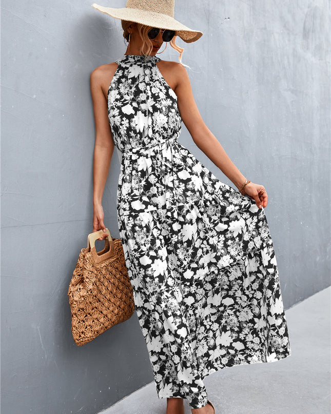 Printed Sleeveless Tie Waist Maxi Dress