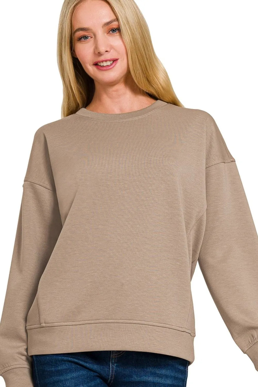 Zenana Scuba Round-neck Sweatshirts.