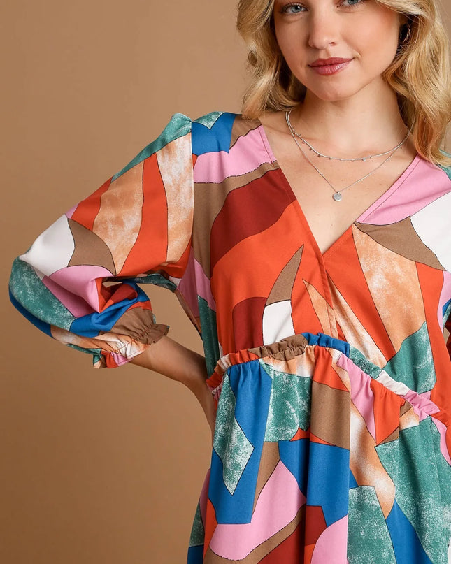 Abstract V-Neck Tiered Printed Dress.