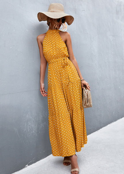Printed Sleeveless Tie Waist Maxi Dress