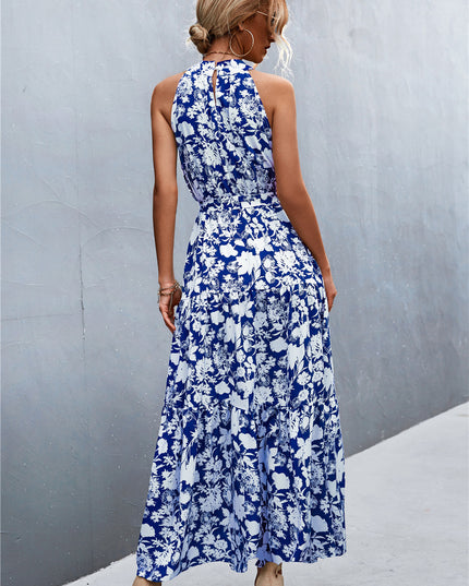 Printed Sleeveless Tie Waist Maxi Dress
