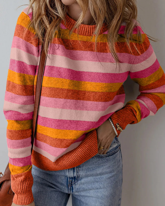 Striped Round Neck Long Sleeve Sweater
