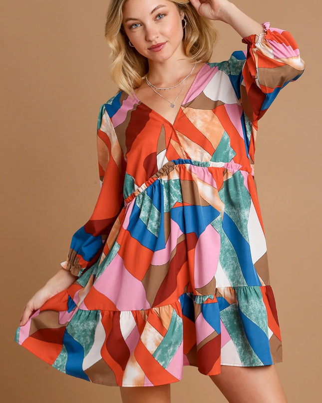 Abstract V-Neck Tiered Printed Dress.
