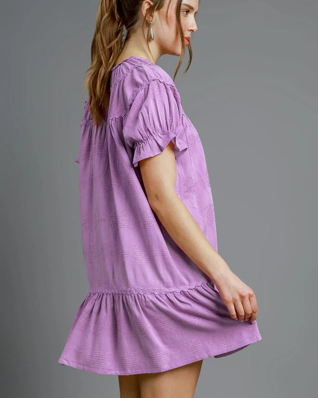 Umgee Heart Pattern Short Sleeve Ruffle Babydoll Dress.