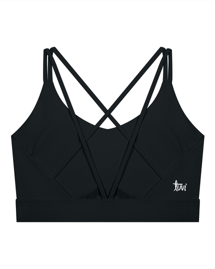 First Light Bra by Tuvi - cropped criss-cross back sports bra in nylon-spandex, white Tuvi script on the right side