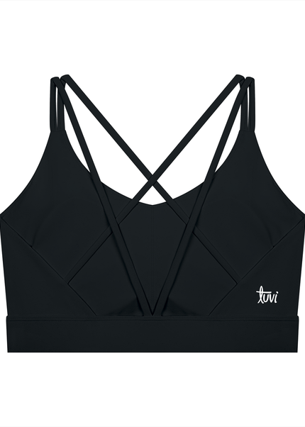 First Light Bra by Tuvi - cropped criss-cross back sports bra in nylon-spandex, white Tuvi script on the right side