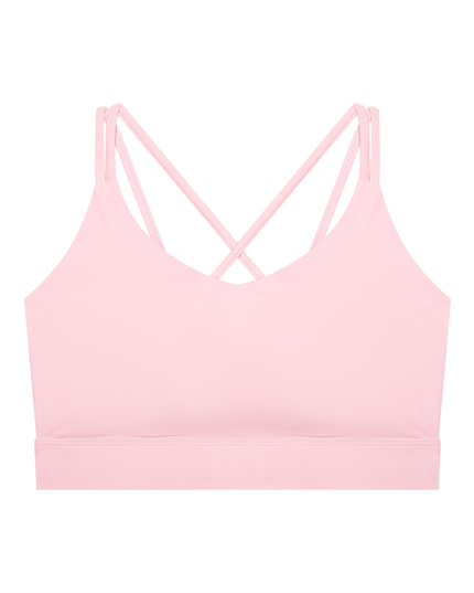 First Light Bra by Tuvi - cropped criss-cross back sports bra in nylon-spandex, white Tuvi script on the right side