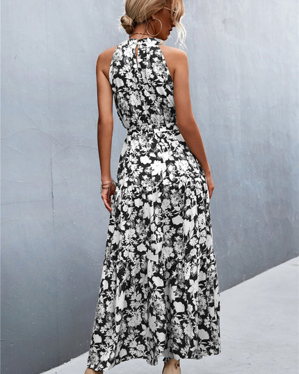Printed Sleeveless Tie Waist Maxi Dress