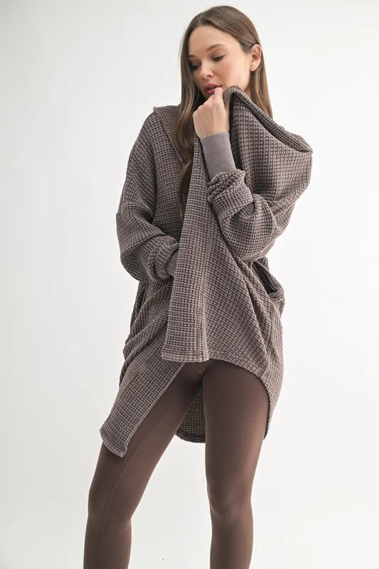 MONO B Chunky Waffle Mineral Wash Hooded Open Cardigan.