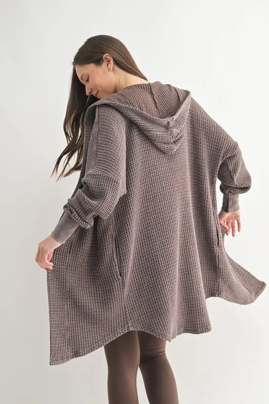 MONO B Chunky Waffle Mineral Wash Hooded Open Cardigan.