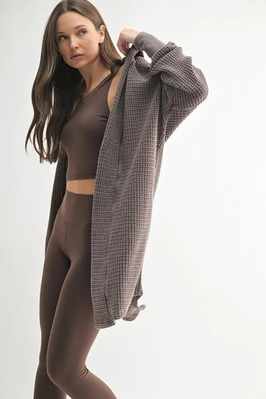 MONO B Chunky Waffle Mineral Wash Hooded Open Cardigan.