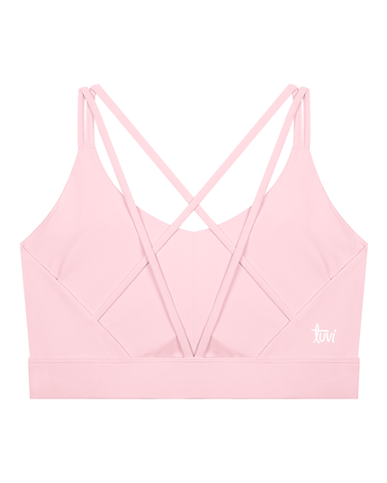 First Light Bra by Tuvi - cropped criss-cross back sports bra in nylon-spandex, white Tuvi script on the right side