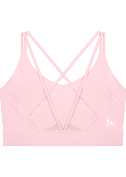 First Light Bra by Tuvi - cropped criss-cross back sports bra in nylon-spandex, white Tuvi script on the right side