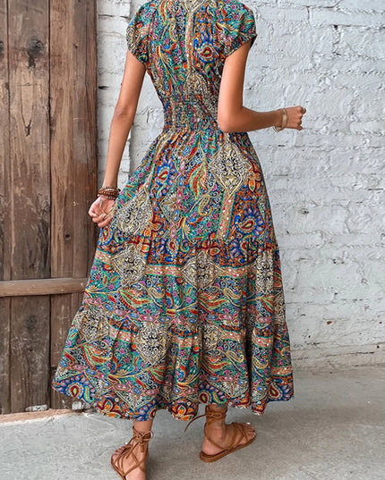 Full Size Smocked Printed V-Neck Cap Sleeve Dress Plus Size.