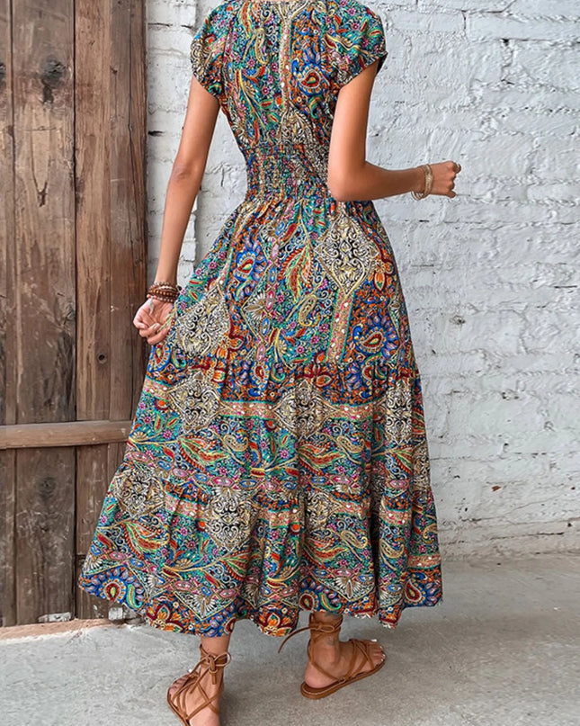 Full Size Smocked Printed V-Neck Cap Sleeve Dress Plus Size.