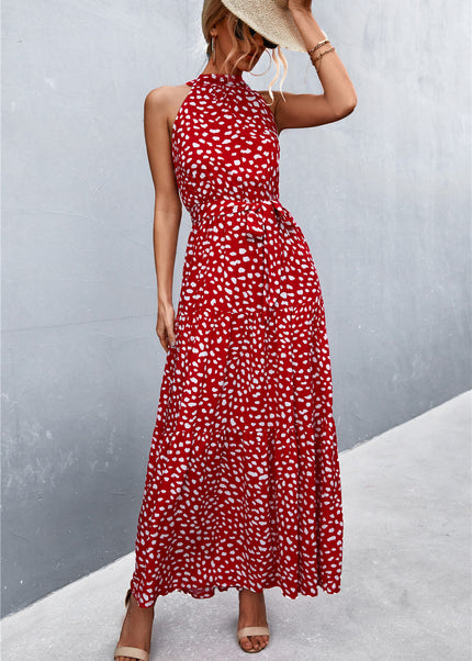 Printed Sleeveless Tie Waist Maxi Dress