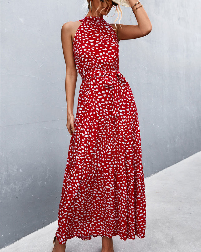 Printed Sleeveless Tie Waist Maxi Dress