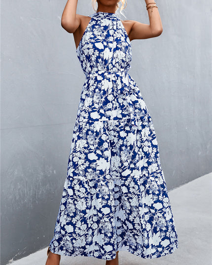 Printed Sleeveless Tie Waist Maxi Dress
