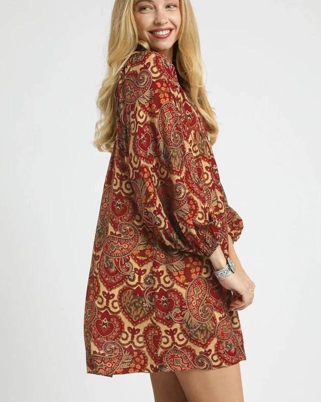 Umgee Boho Mix Paisley Babydoll Dress.