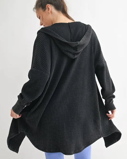 MONO B Chunky Waffle Mineral Wash Hooded Open Cardigan.