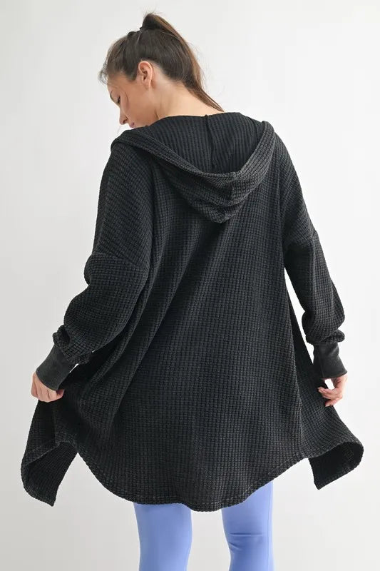 MONO B Chunky Waffle Mineral Wash Hooded Open Cardigan.