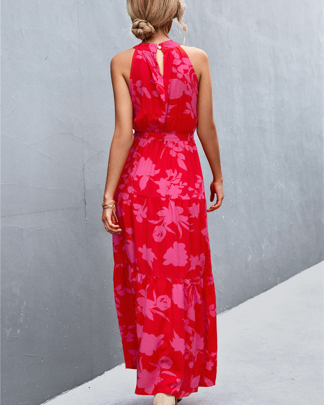 Printed Sleeveless Tie Waist Maxi Dress