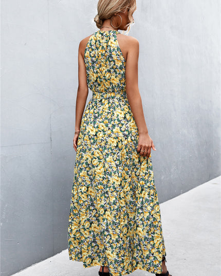 Printed Sleeveless Tie Waist Maxi Dress