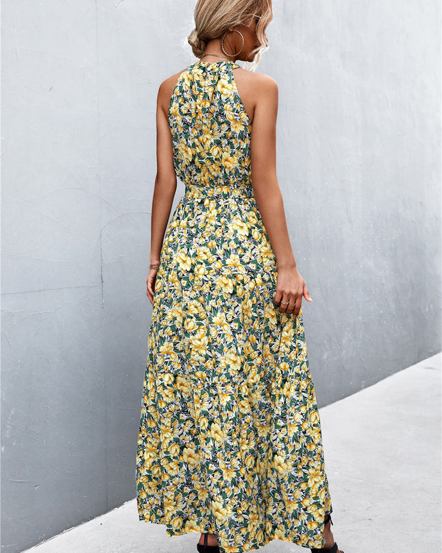 Printed Sleeveless Tie Waist Maxi Dress