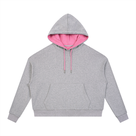 Shell Beach Hoodie by Tuvi — heavyweight brushed cotton fleece pullover in marine-layer gray with a shell-pink hood lining