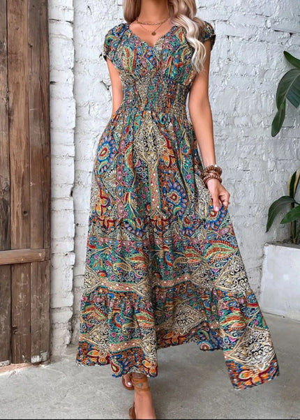 Full Size Smocked Printed V-Neck Cap Sleeve Dress Plus Size.