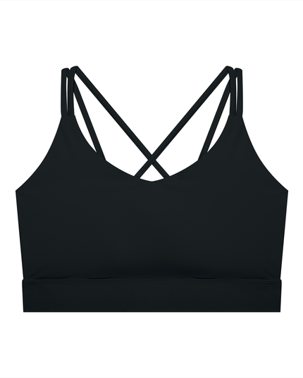 First Light Bra by Tuvi - cropped criss-cross back sports bra in nylon-spandex, white Tuvi script on the right side