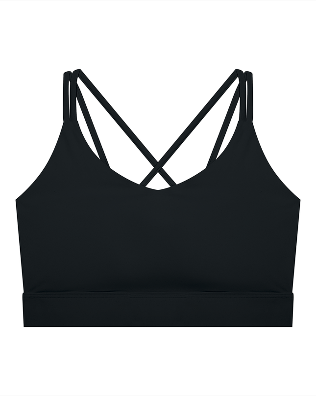 First Light Bra by Tuvi - cropped criss-cross back sports bra in nylon-spandex, white Tuvi script on the right side