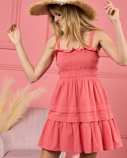 BiBi Smocked Ruffle Hem Mini Dress.