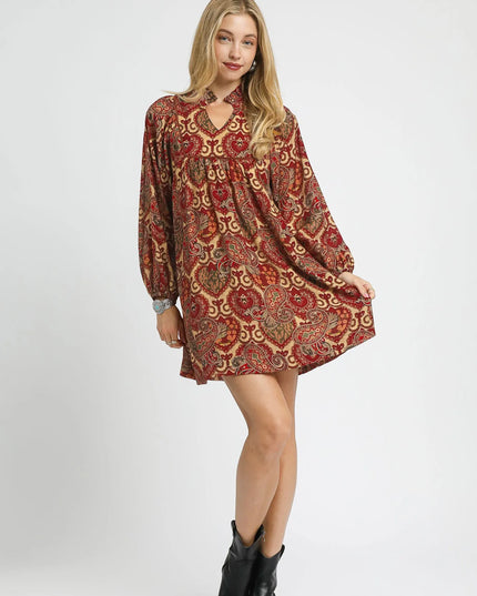Umgee Boho Mix Paisley Babydoll Dress.