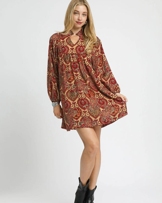 Umgee Boho Mix Paisley Babydoll Dress.