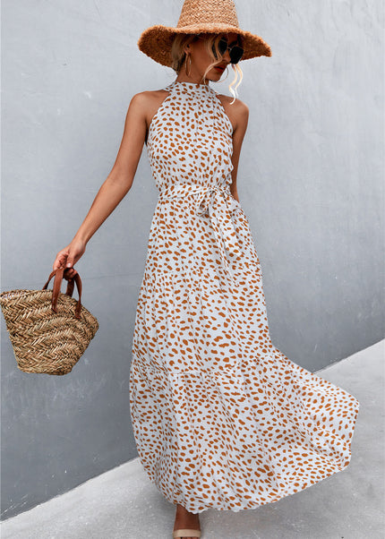 Printed Sleeveless Tie Waist Maxi Dress