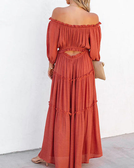 Ruffle Trim Off Shoulder Long Sleeve Maxi Dress