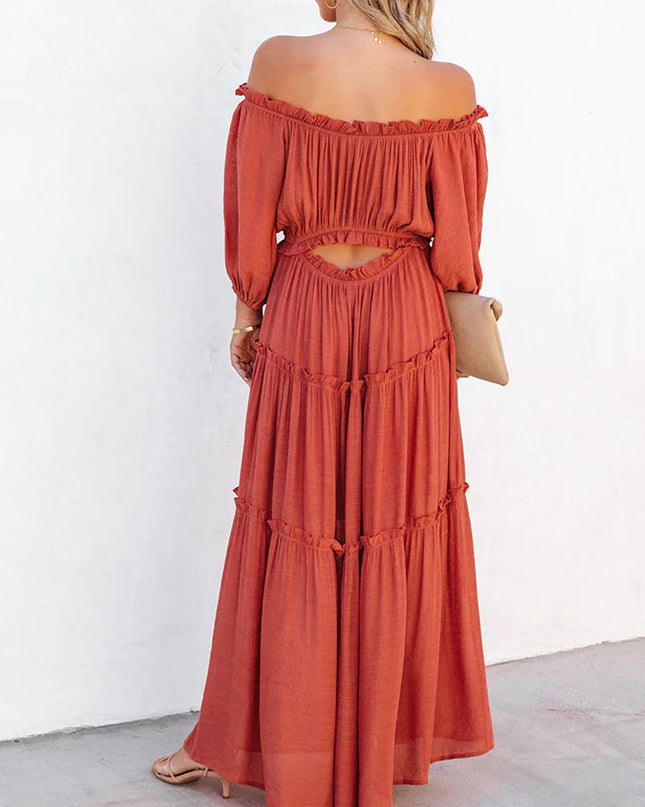 Ruffle Trim Off Shoulder Long Sleeve Maxi Dress