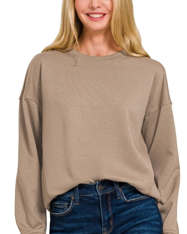 Zenana Scuba Round-neck Sweatshirts.