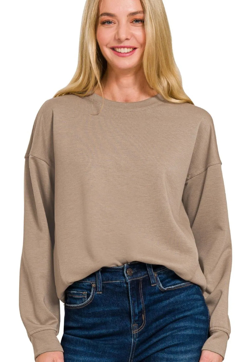 Zenana Scuba Round-neck Sweatshirts.