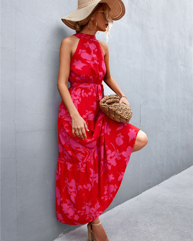 Printed Sleeveless Tie Waist Maxi Dress
