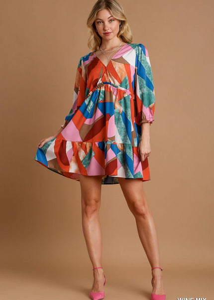 Abstract V-Neck Tiered Printed Dress.
