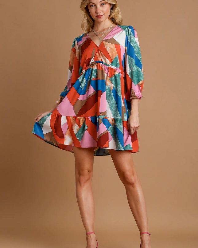 Abstract V-Neck Tiered Printed Dress.