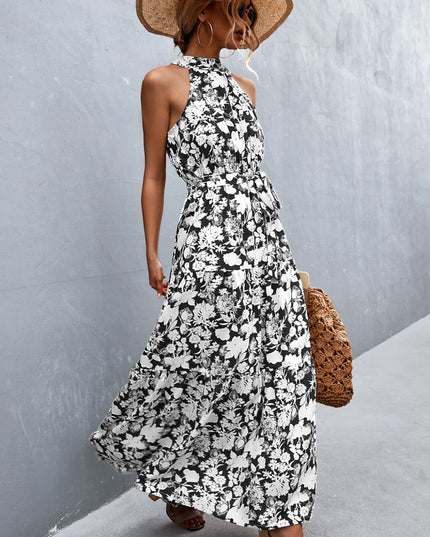 Printed Sleeveless Tie Waist Maxi Dress