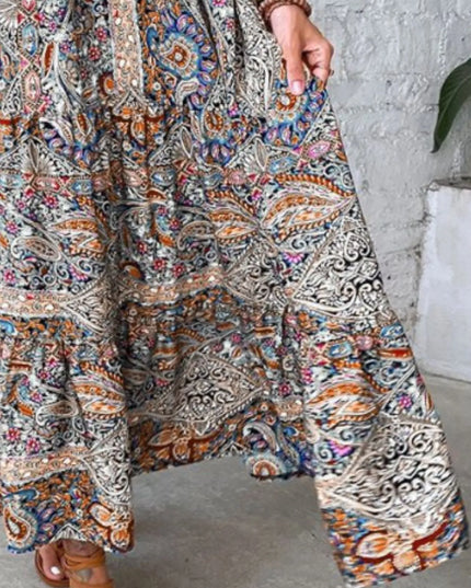 Full Size Smocked Printed V-Neck Cap Sleeve Dress Plus Size.