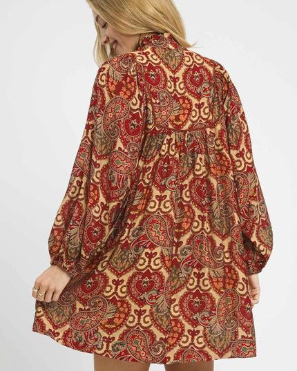Umgee Boho Mix Paisley Babydoll Dress.