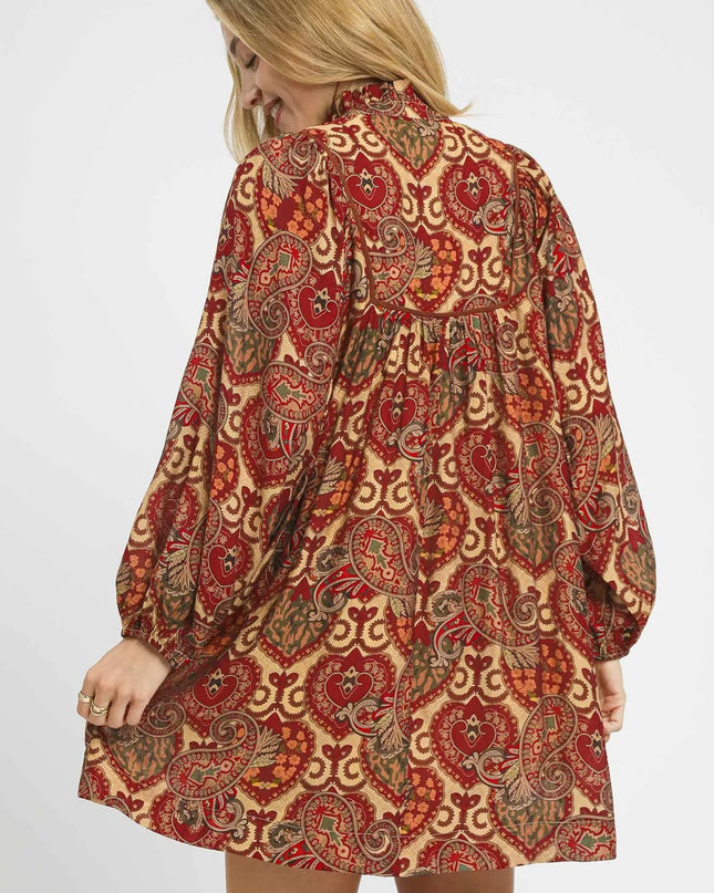 Umgee Boho Mix Paisley Babydoll Dress.