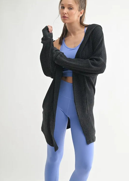 MONO B Chunky Waffle Mineral Wash Hooded Open Cardigan.
