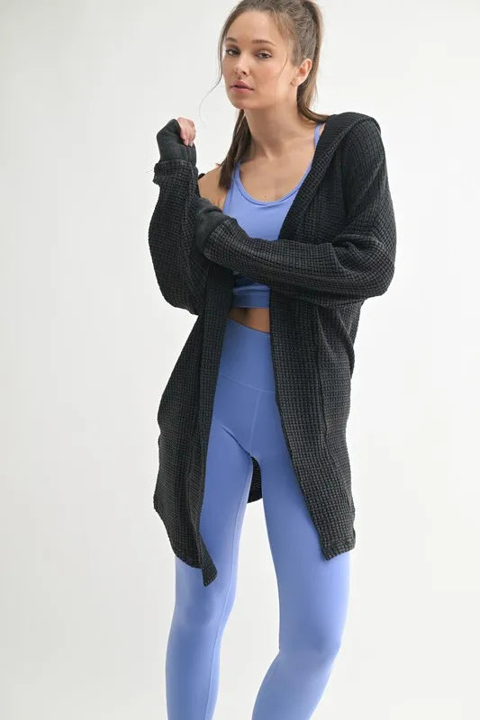 MONO B Chunky Waffle Mineral Wash Hooded Open Cardigan.
